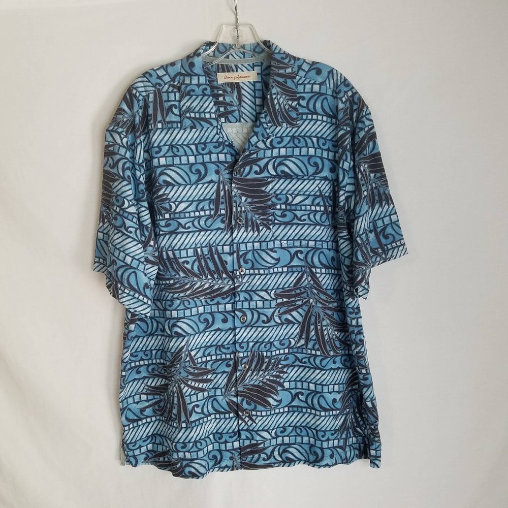 Tommy Bahama Blue Silk‎ Leaf Print Button Front Hawaiian Shirt Mens Large